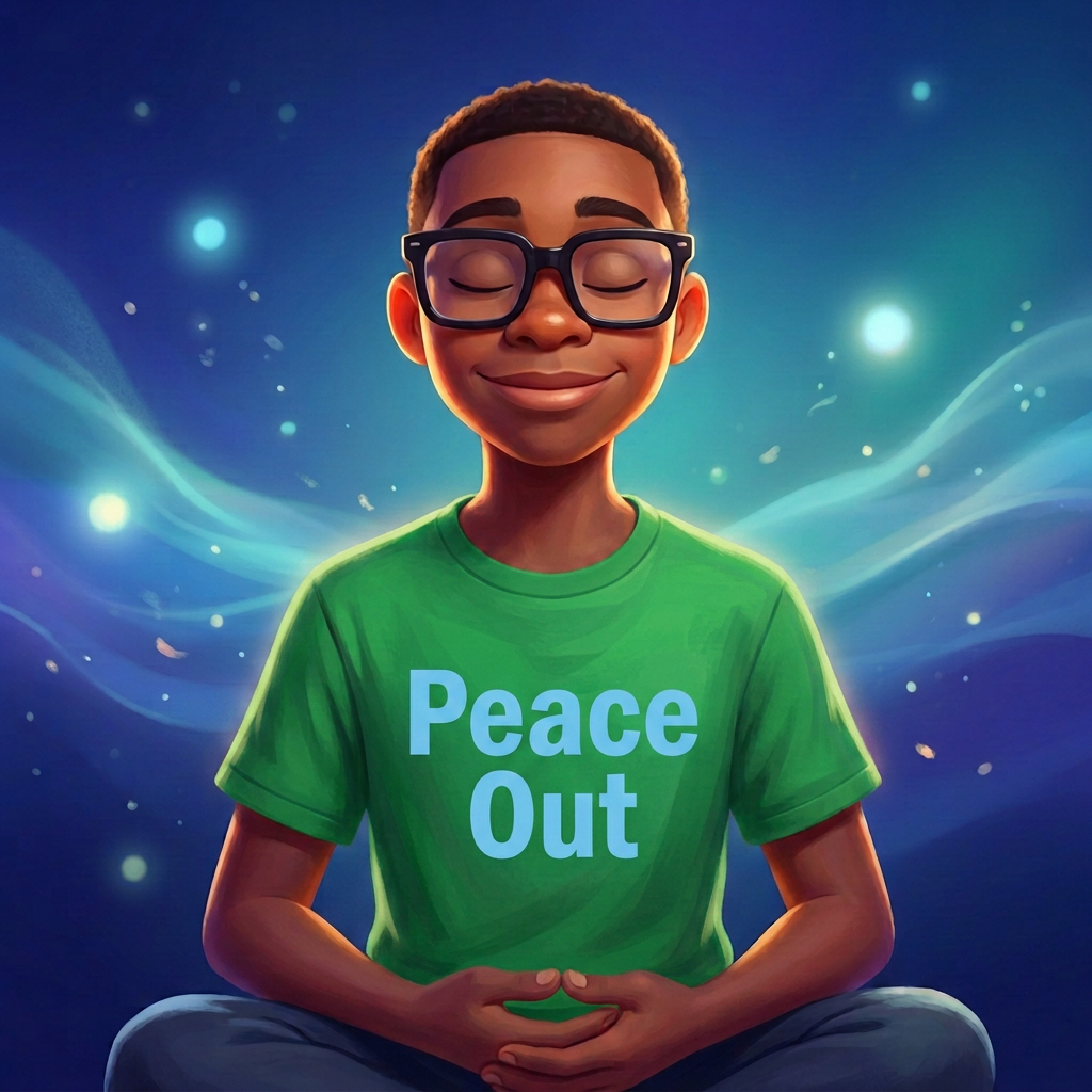 Animated illustration of a teen boy sitting calmly with his eyes closed, surrounded by glowing blue light