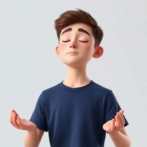 Animated white teen boy meditating with eyes closed